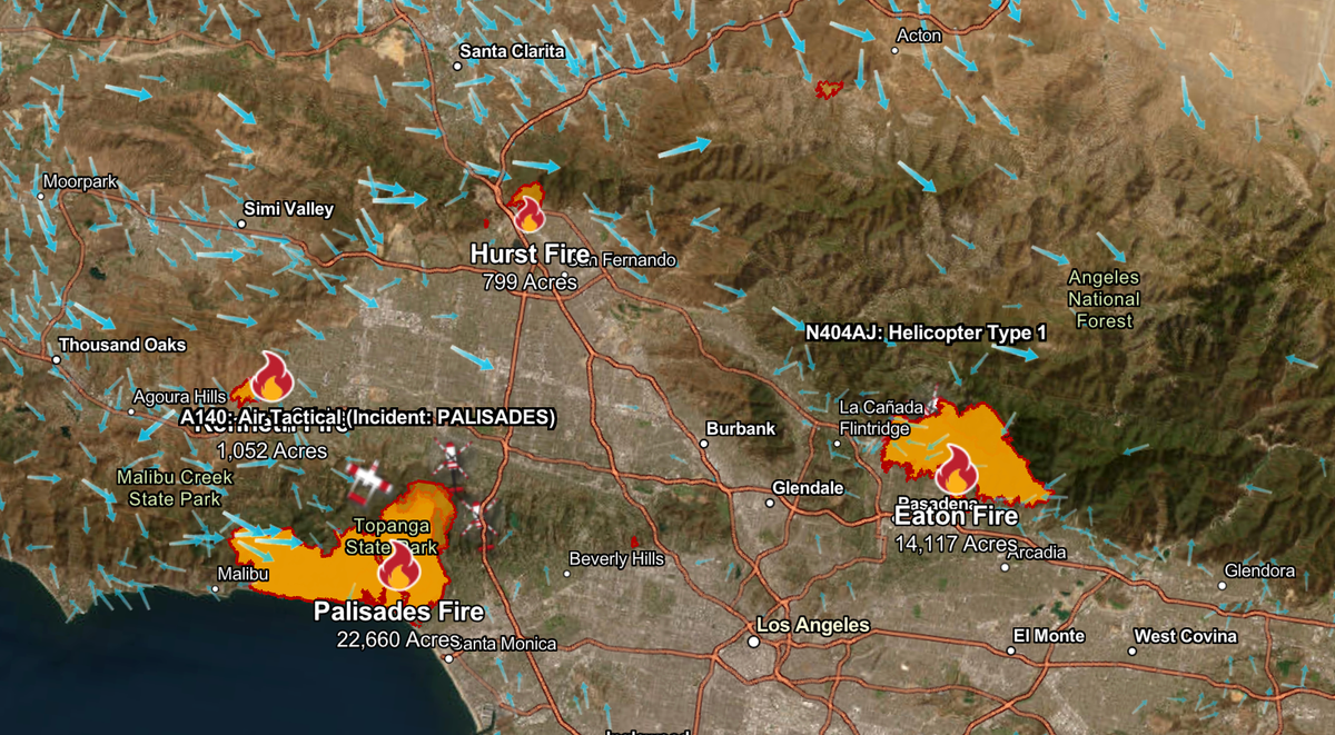 A map of the current wildfires conditions in Southern California, via https://www.fire.ca.gov